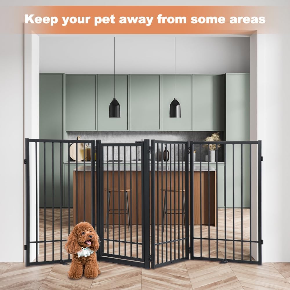 SMONTER Free Standing Dog Gate with Door Walk Through, 80.5'' Extra Wide Indoor Dog Fence, 31.5'' Height 4 Panels Foldable Metal Pet Puppy Gate for Stairs, Hallways, Doorway