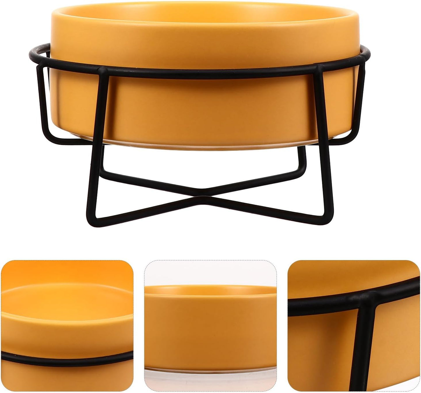 Milisten Ceramic Dog Bowl and Cat Bowl with Raised Black Iron Stand 14cm Protective Spine for Food and Water Yellow Pet Feeding Dish for Dogs and Cats