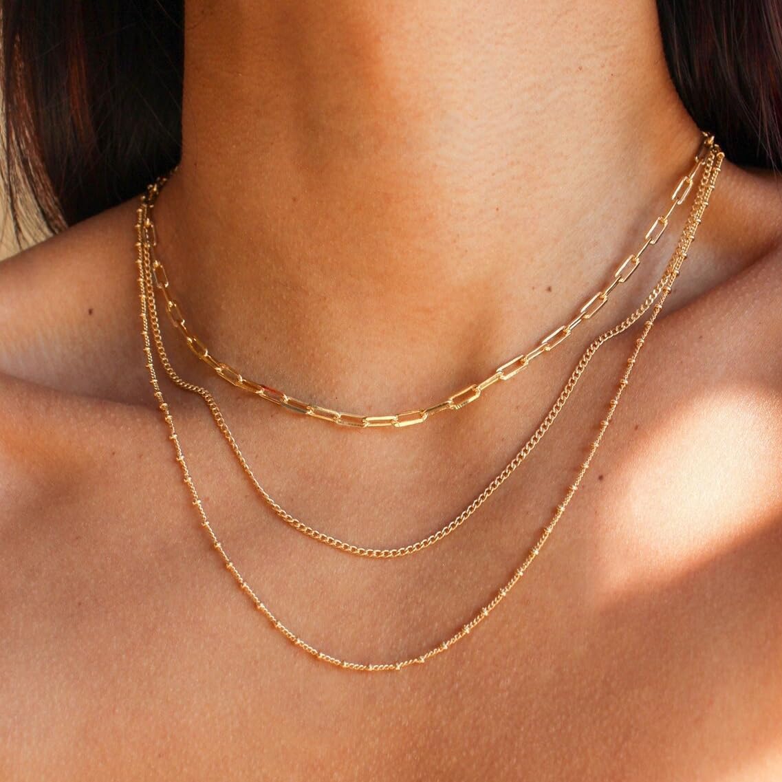 CONRAN KREMIX Waterproof Gold Necklace Layered Necklaces for Women Non Tarnish,14k Gold Plated Stainless Steel Dainty Stack Thin Chain Necklace Set for Women Gifts Jewelry