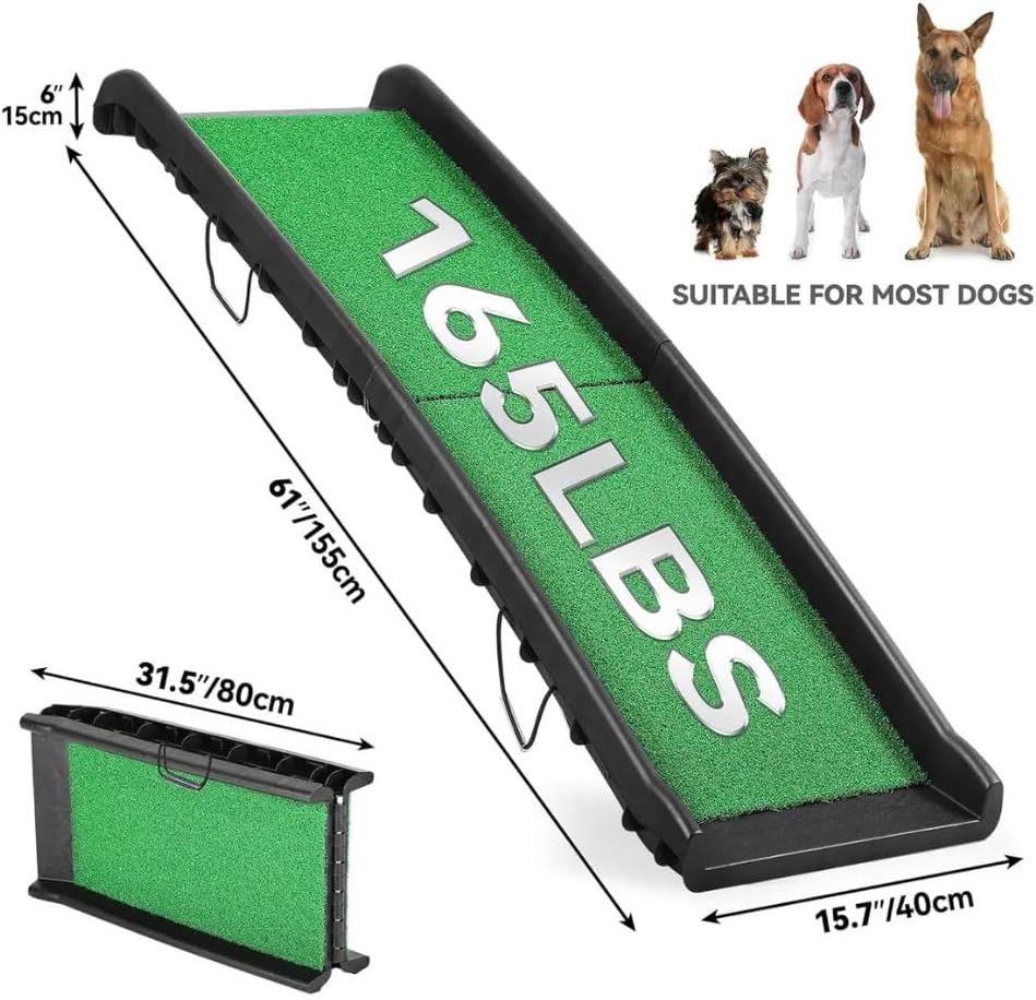 Dog Ramp for Car & SUV with Poly Grass Non-Slip Surface – Lightweight & Foldable Pet Ramp for Dogs, Includes 4 Towels & 2 LED Lights, Safe for Cars, Trucks, Beds, Couches & Stairs