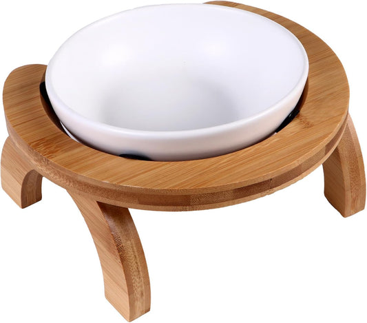 Milisten Pet Feeding Bowl Set 300ml Slanted Raised Cat Feeder with White Food Bowl and Rainbow Wooden Stand for Indoor Cats and Kittens