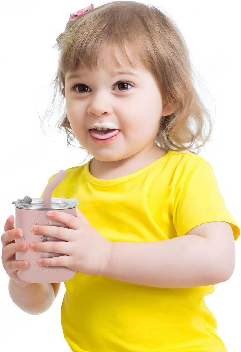 PandaEar Stainless Steel Baby Feeding Set | 2 Divided Suction Plates, 2 Spill-Proof Straw Cups with Silicone Sleeves, 2 Forks & 2 Spoons | Toddler Utensils for Baby Led Weaning, BPA-Free (Pink)