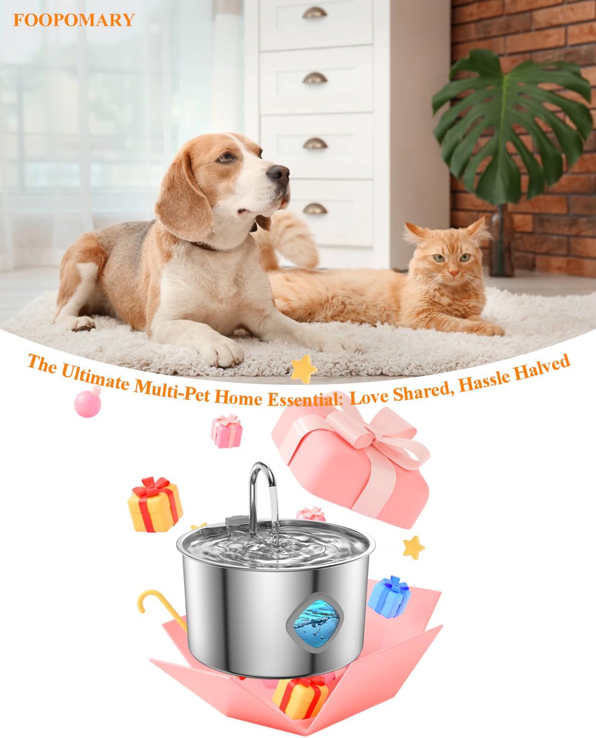Cat Water Fountain Stainless Steel [3.2L/108oz] Large Capacity Automatic Water Dispenser for Cats Indoor with 3 Filters Kit, LED Water Level Window, Easy to Clean, Ideal for Cats Dogs Multi-Pet Home