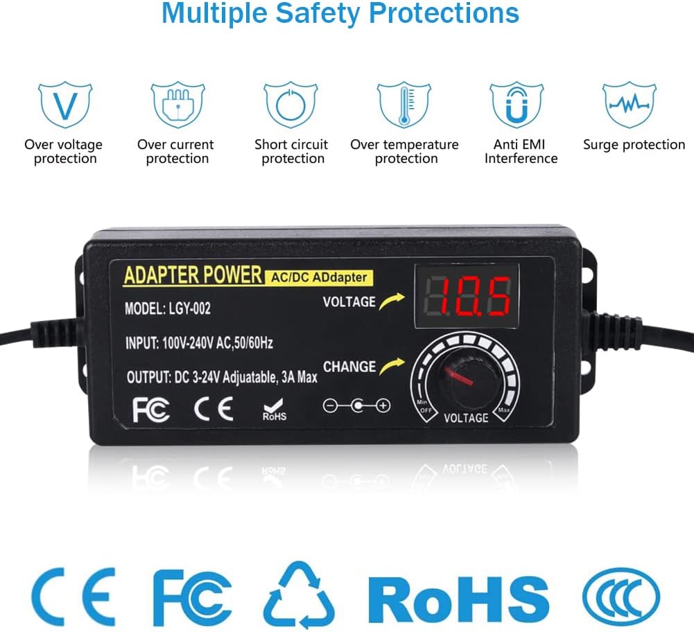 72W Power Supply Adjustable DC 3V ~ 24V Variable Universal Switching AC/DC Adapter 100V-240V AC to DC Converter with LED Voltage Display and 14 Tips, for 3V to 24V Household Electronics - 3000mA Max