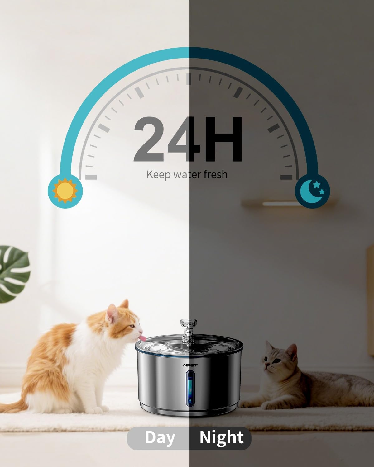NPET Stainless Steel Cat Water Fountain, 1 Gallon/135oz Automatic Pet Drinking Fountain Dog Water Dispenser Bowl with Water Level Window for Cats Indoor - WF210Plus
