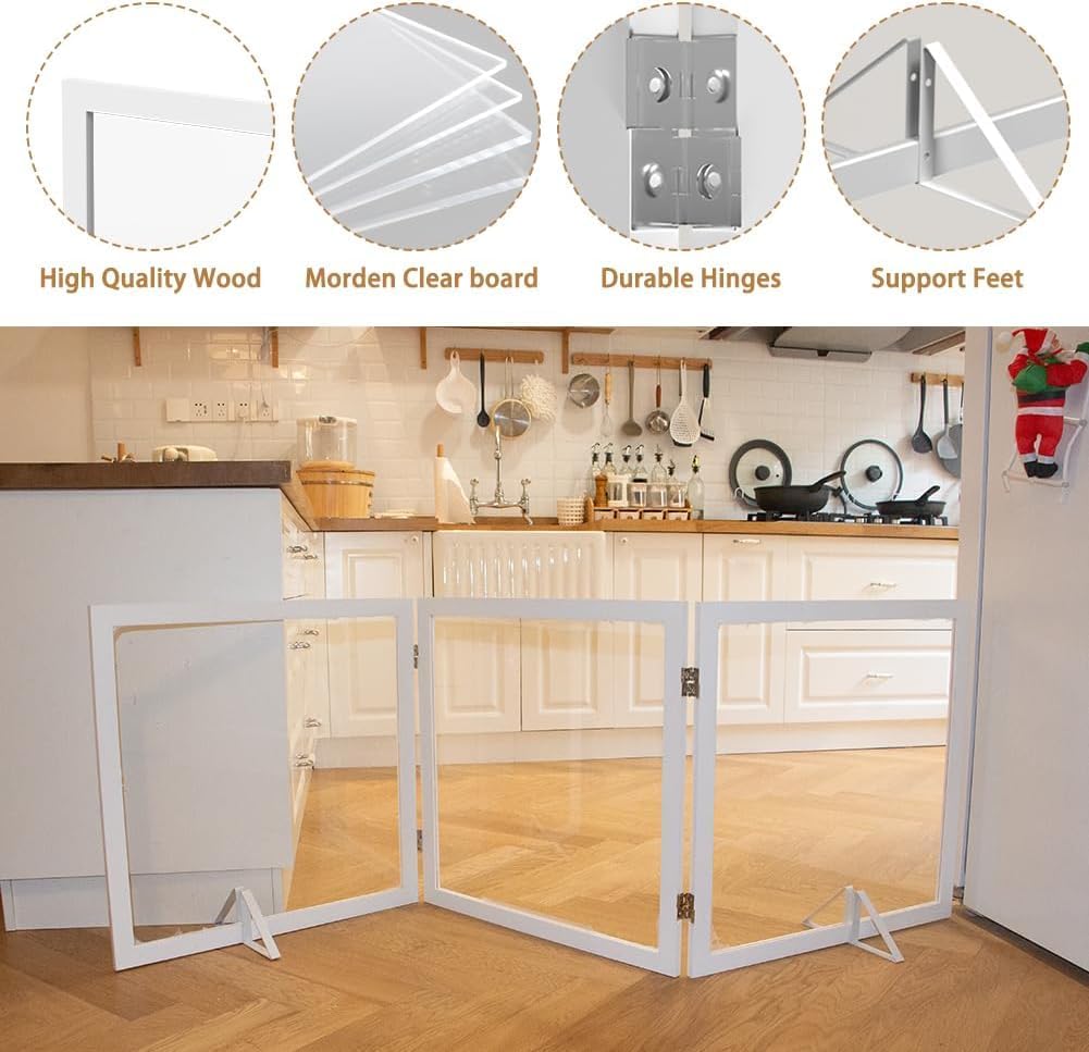 Extra Wide Clear Dog Gate 31" Tall Clear Acrylic Freestanding Dog gate Transparent Pet Gate for Doorways Stairs 3 Panel(55"-70" W)