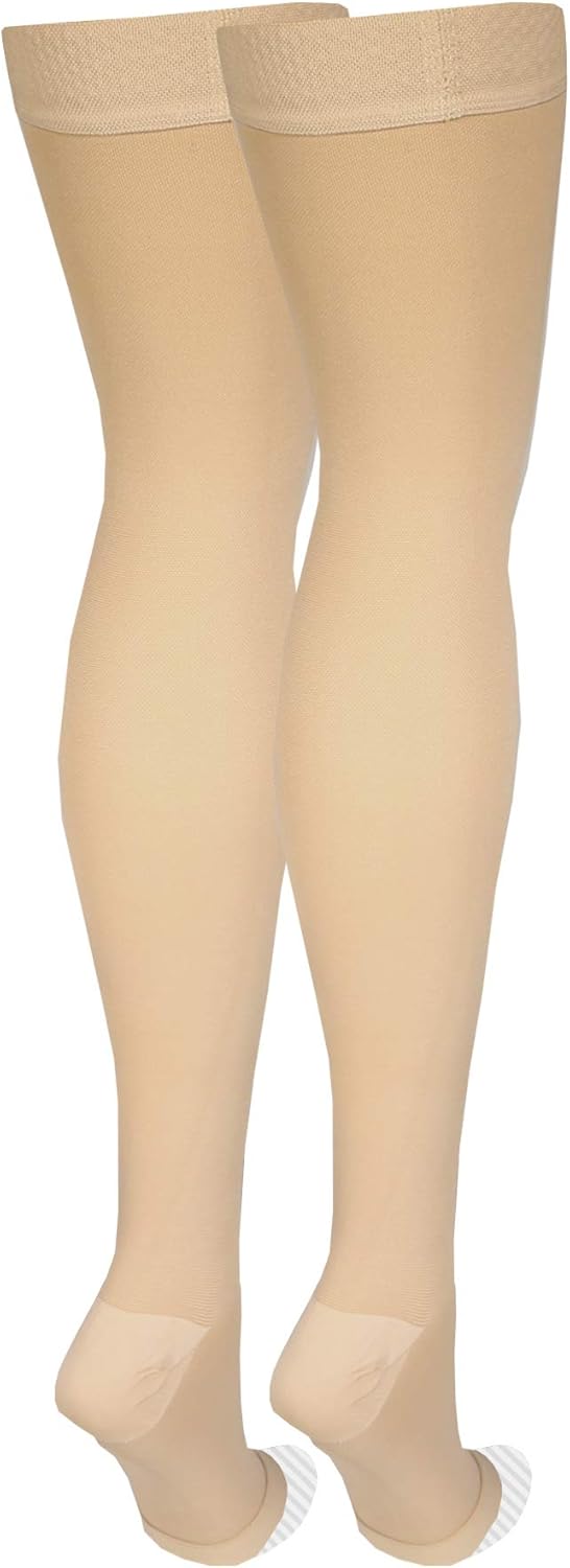 Amazon Basic Care Medical Compression Stockings, 20-30 mmHg Support, Women & Men Thigh Length Hose, Open Toe, Beige, Medium (Previously NuVein)