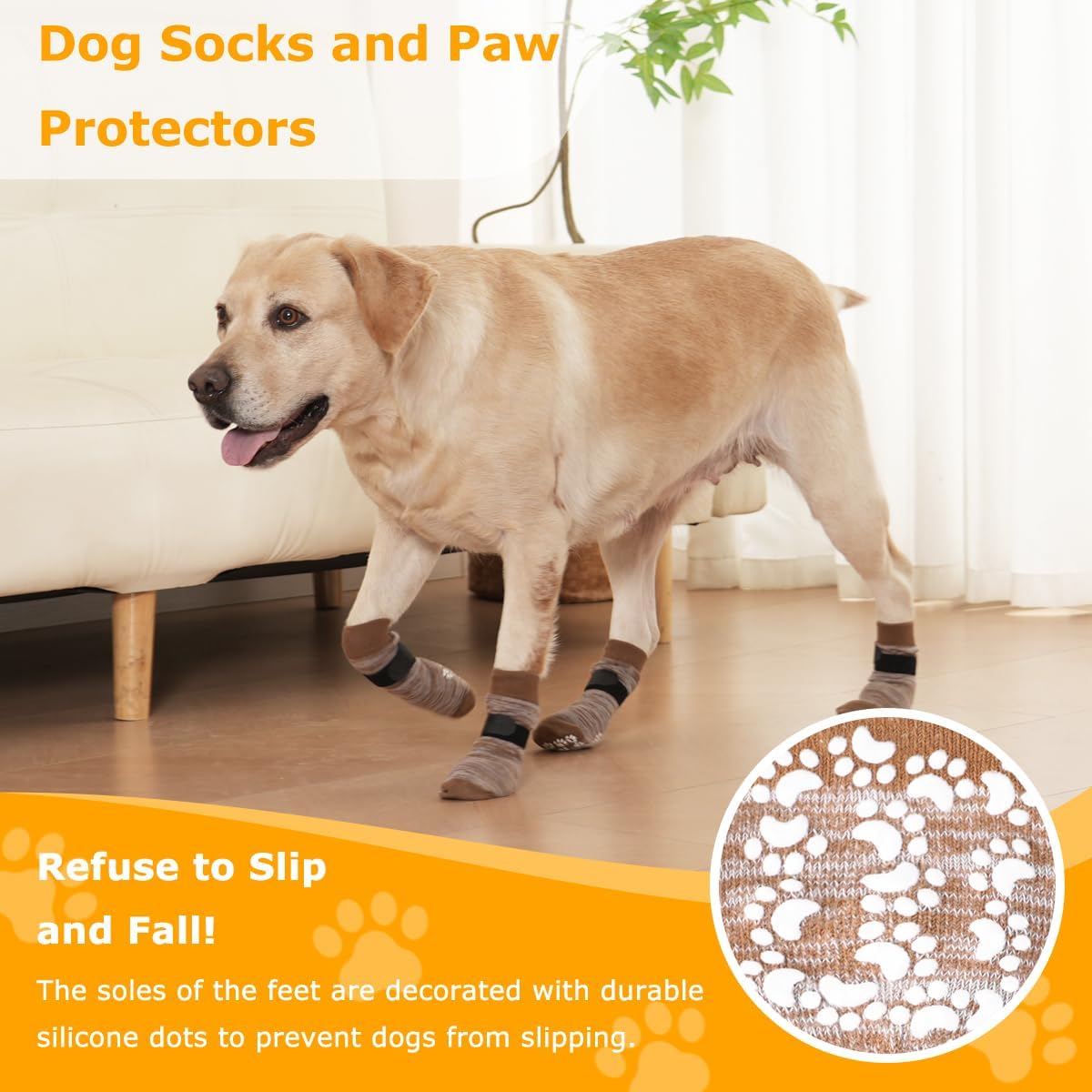 Dog Socks 12 Pack to Prevent Licking Paws, Anti Slip Dog Booties and Paw Protectors for Hardwood Floors Hot Pavement, Suitable for Small Medium Large Senior Dogs - Size Medium,Brown