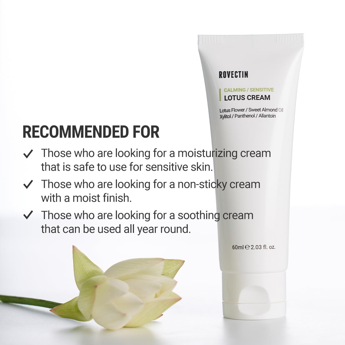 ROVECTIN Calming Lotus Cream – Lightweight Hydrating & Soothing Moisturizer Face Cream for Sensitive Skin | 75% Lotus Water Extract & Niacinamide for Anti-Aging | Vegan Korean Skincare (2.03 fl oz)