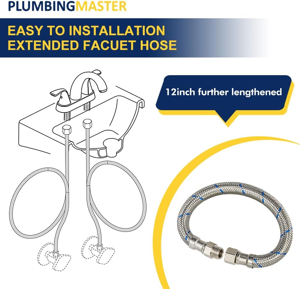 2 Pcs 12 Inch Faucet Supply Conector Extension, 3/8 OD Comp (Male) x 3/8 Comp (Female) Supply Line，Faucet Hose for Kitchen Bathroom