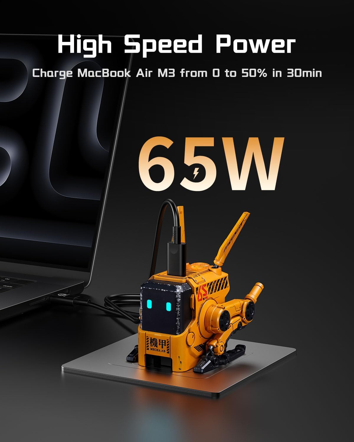 GravaStar 65W Charger, Alpha65 Robot Fast GaN Charger Block, 3-Port Fast Power Adapter, Foldable Compact for Travle, Used for iPhone, MacBook, iPad, Galaxy S23/S24, Steam Deck (65W, Yellow)
