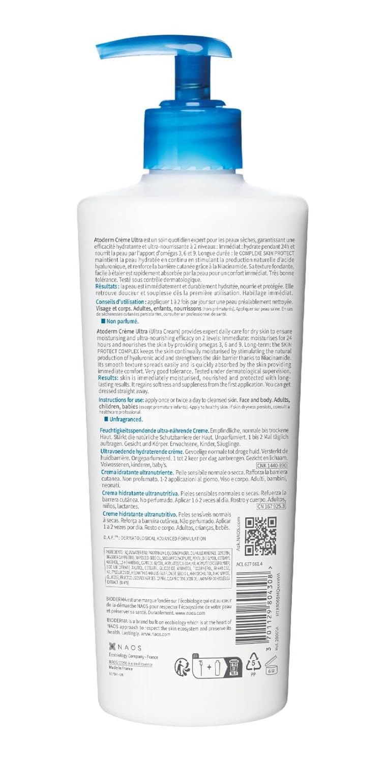 Bioderma Atoderm Ultra Cream Duo Pack, Hydrating Body Moisturizer for Normal to Dry Sensitive Skin 2x16.9 Fl Oz
