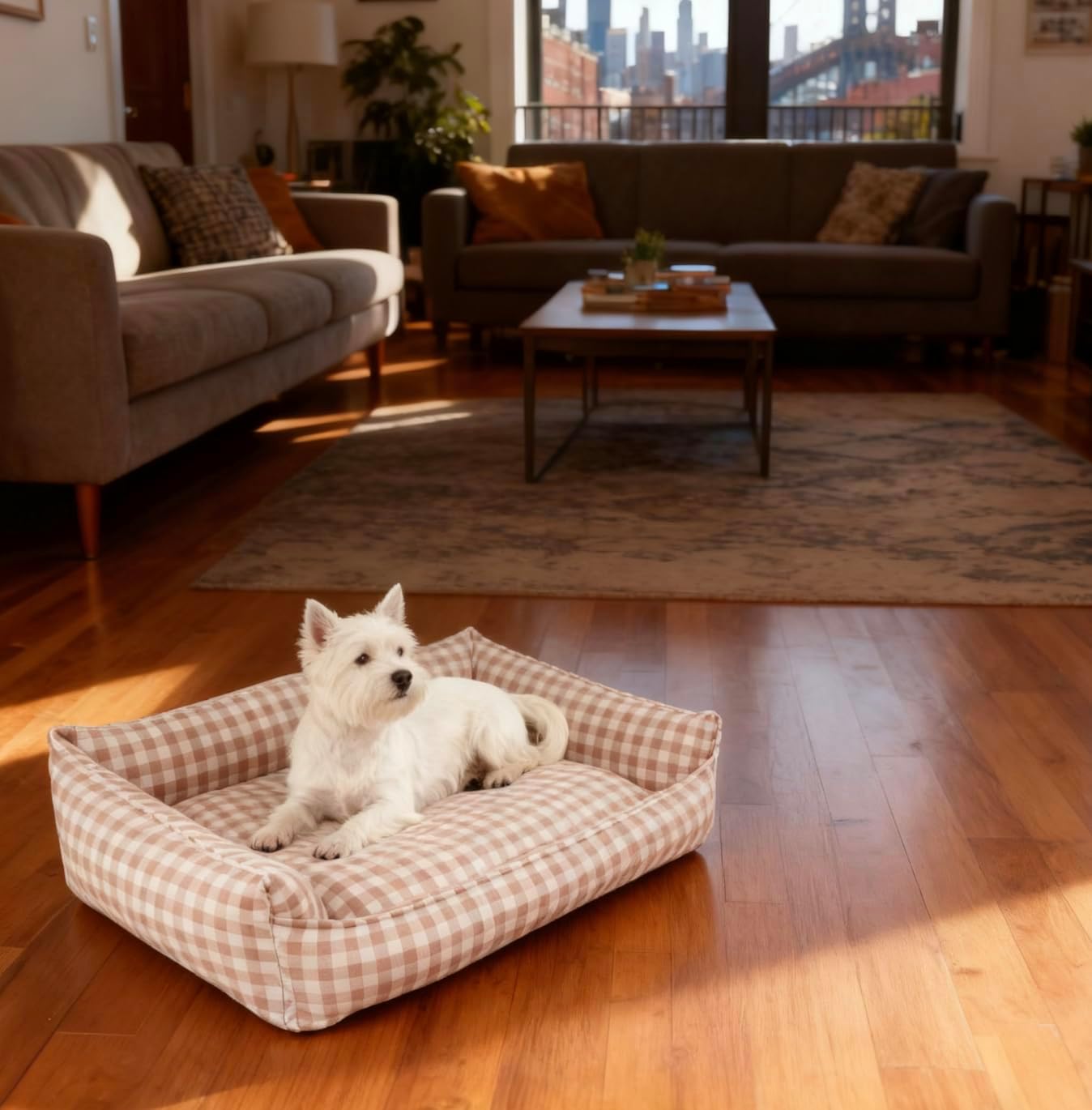 Cute Gingham Dog Bed for Small Dogs with Removable Cover All-Season Washable Plaid Dog Lounger for Pups (Beige Bed, X-Large)