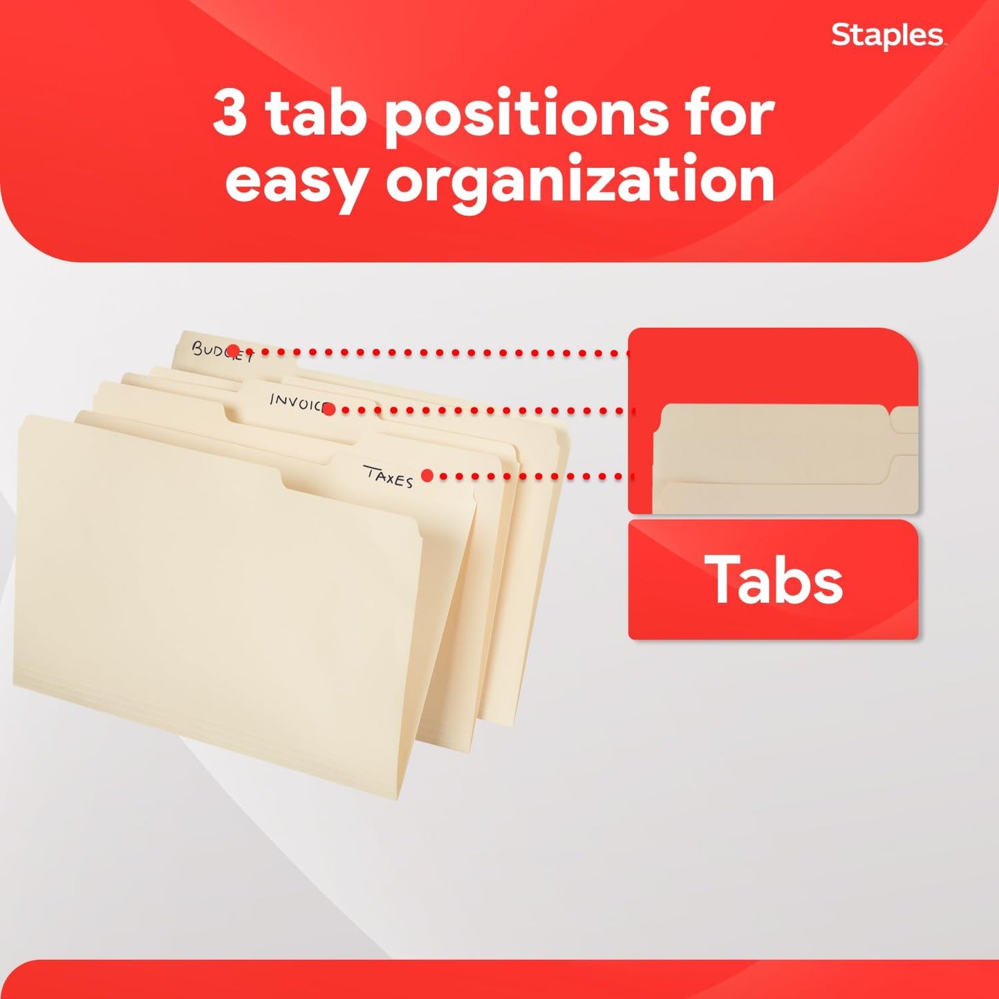 Staples Recycled File Folders, Legal Size, 1/3‑Cut Tabs, Manila, 30% Recycled Paper Stock, 100/Box