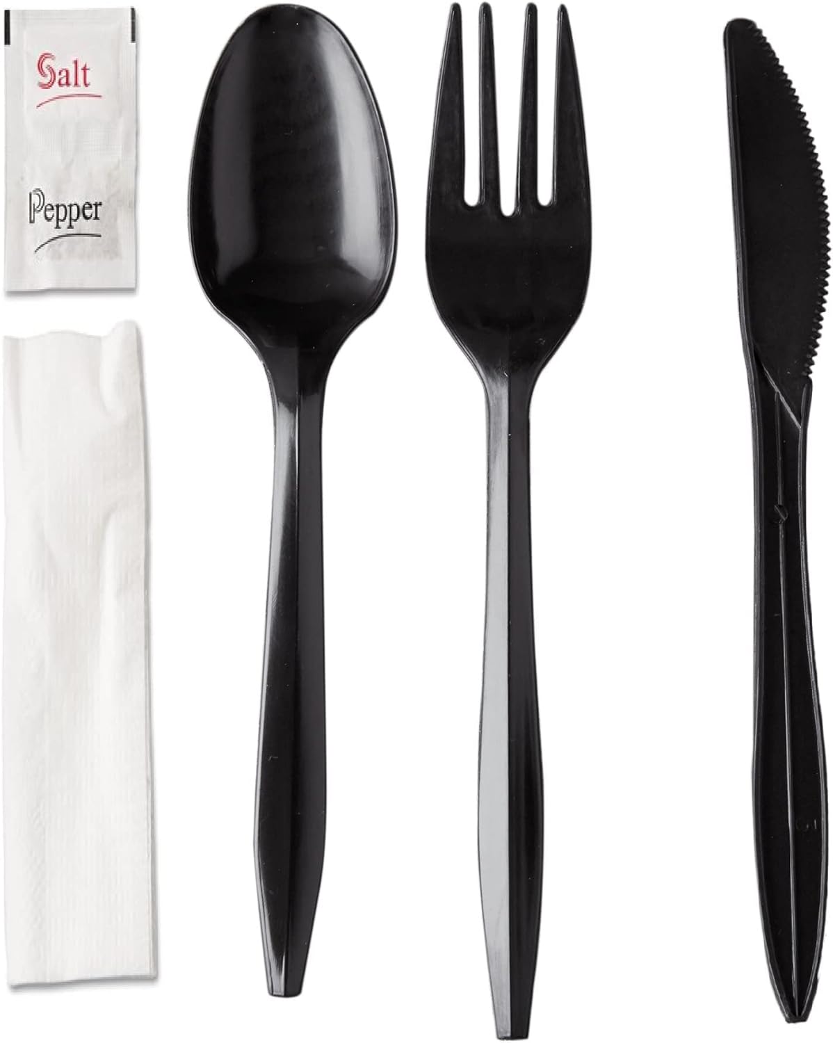 250 Disposable Cutlery Packets - Knife, Fork, Spoon, Napkin, Salt, Pepper Sets | Black & Silver Plastic Sets, Individually Wrapped Cutlery Kits