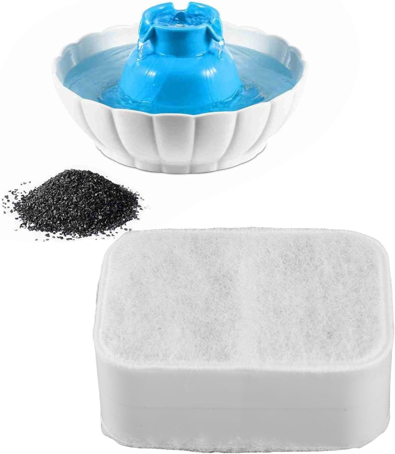 Cat Water Fountain Filters, 4Pcs Pet Water Fountain Replacement Filters Premium Activated Carbon and 1Pcs Foam Filters for Ceramic Cat Water Fountain Drinking Water Fountain Keep Water Fresh