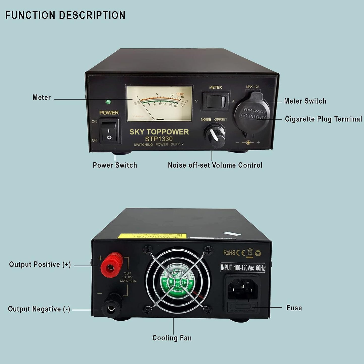 13.8V 30A Power Supply for Ham Radio - AC to DC Converter with Cigarette Lighter Socket & Cooling Fan, STP1330 (SKY TOPPOWER)