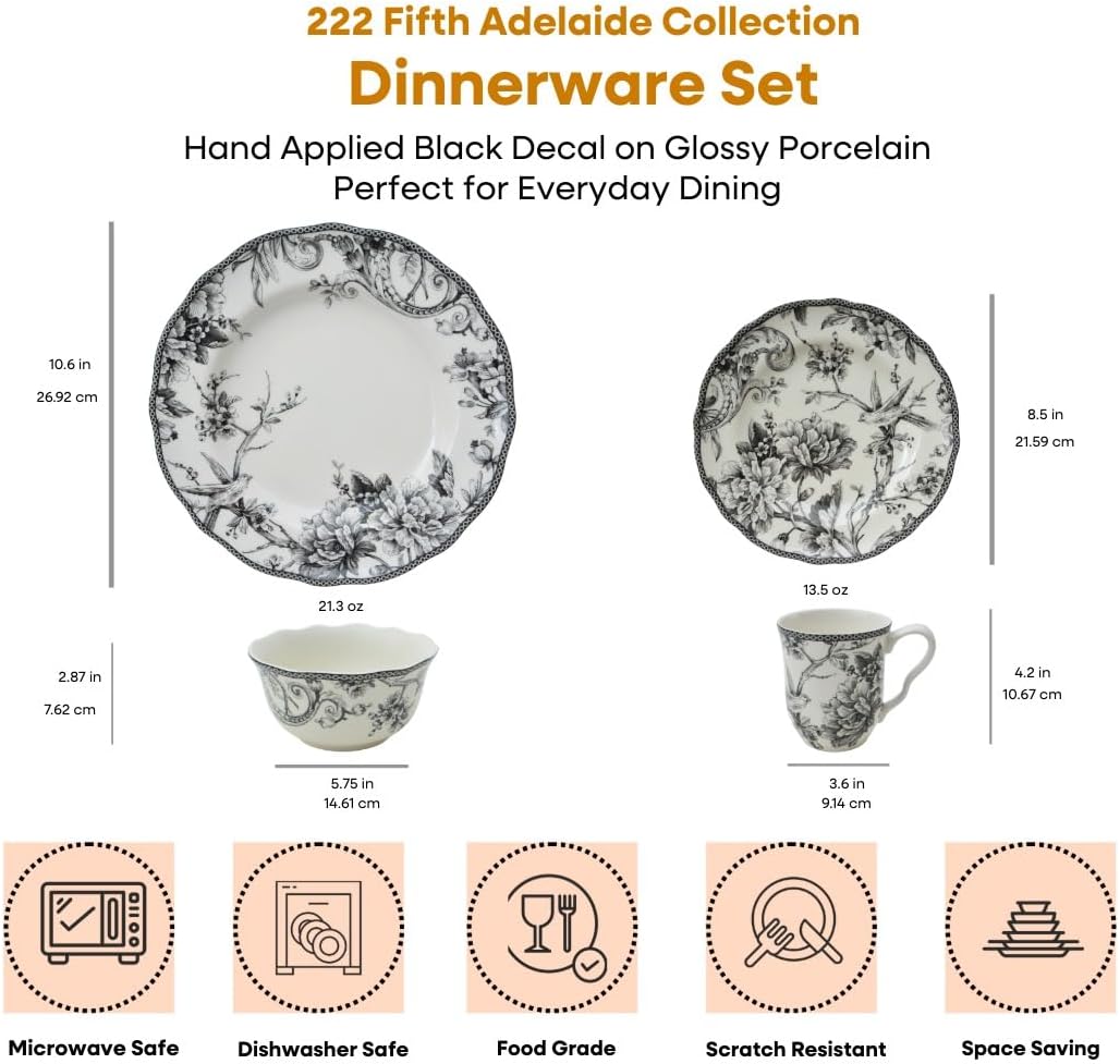222 Fifth Adelaide 16-Piece Black Porcelain Dinnerware Set – Service for 4, Featuring Hand-Applied Romantic Woodland Bird Design, Everyday Big Dinner Plates and Bowls Sets, Microwave & Dishwasher Safe
