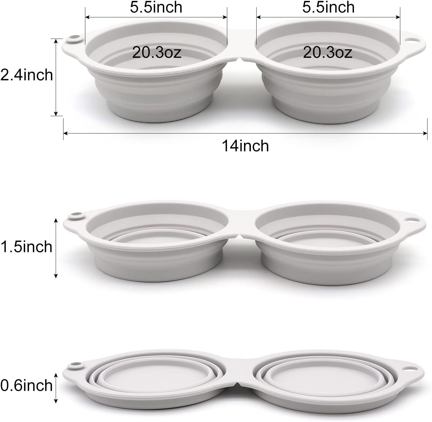 SLSON Collapsible Dog Bowls,Integrated Molding Dog Double Bowl No Plastic Rim 2 in 1 Foldable Pet Food & Water Bowl Cat Feeder Dish for Walking,Hiking,Camping (Cold Grey)