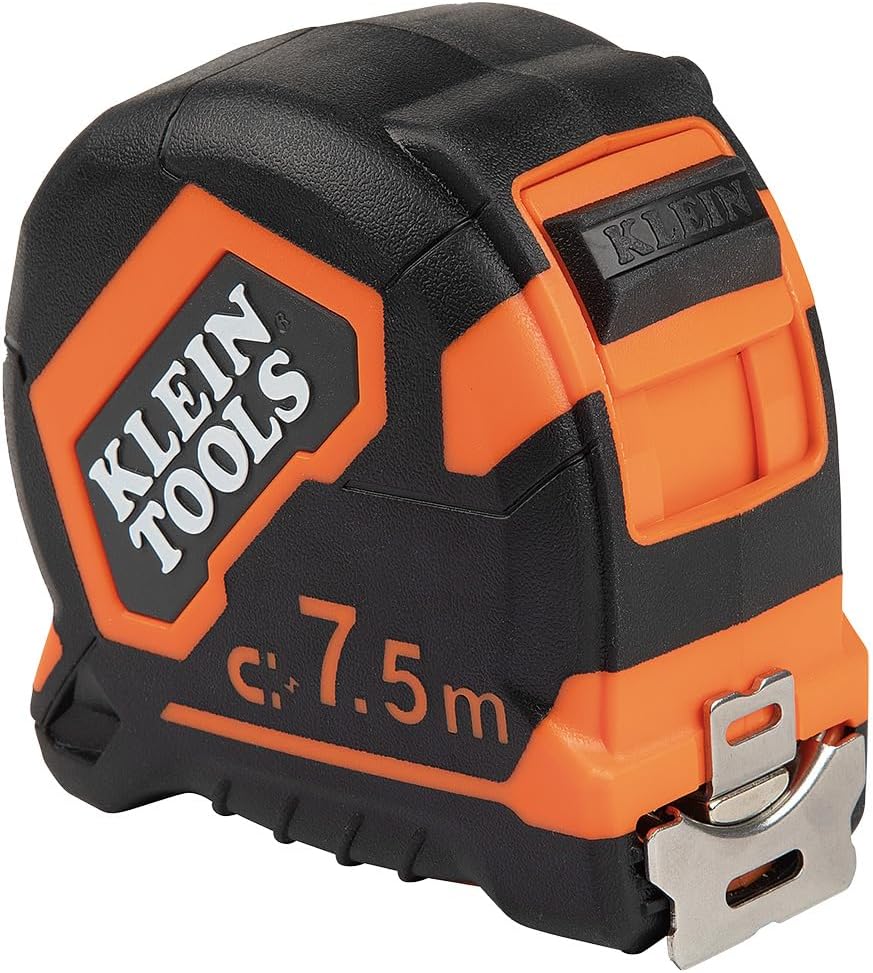 Klein Tools 9375 Tape Measure, Heavy-Duty Measuring Tape with 7.5 m Metric Double-Hook Double-Sided Nylon Reinforced Blade, Metal Belt Clip