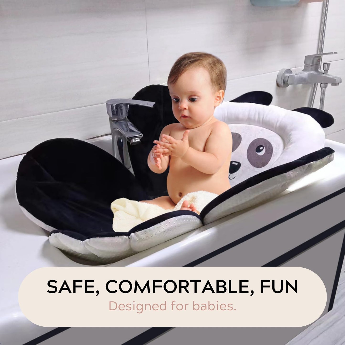 PandaEar Baby Bath Pad for Infant Newborn | Bath Seat Soft Panda Cushion Mat for Sink Bathtub Essentials Shower Gift (Black)