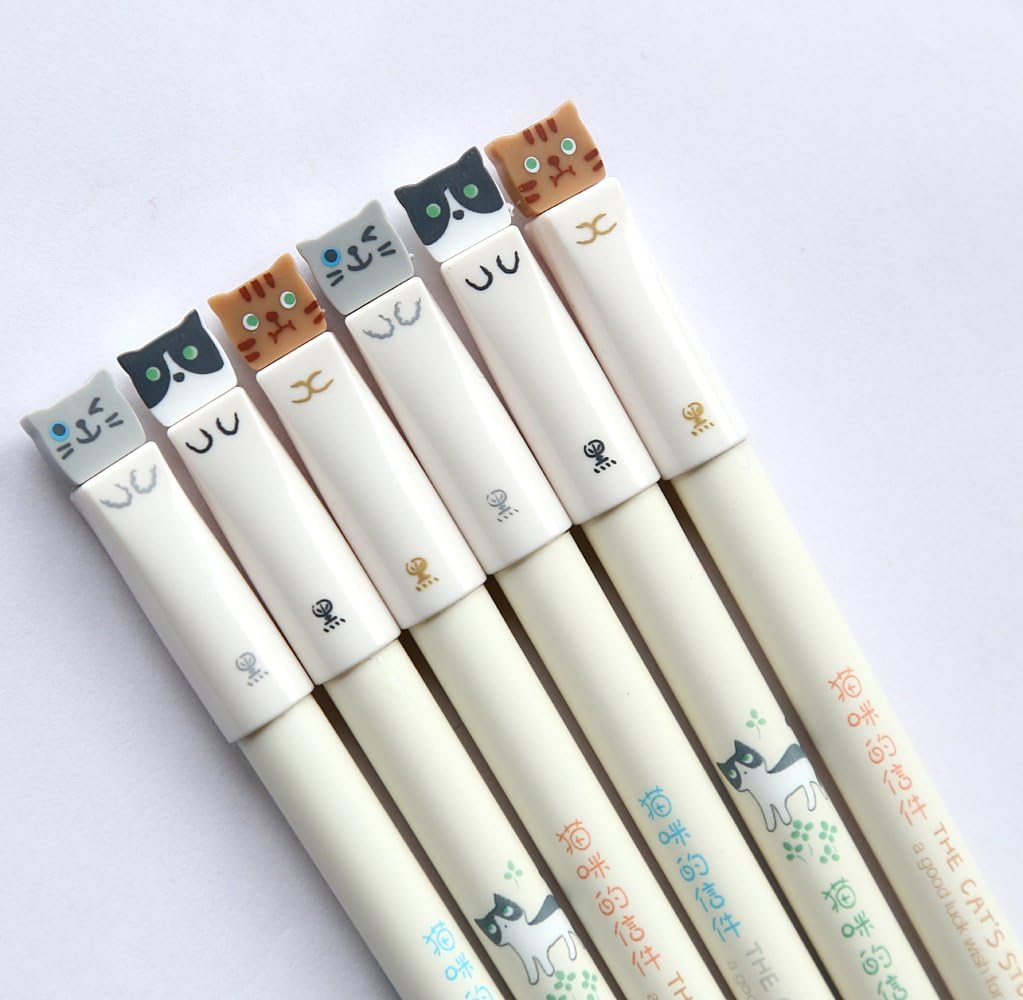 Colorful Cats Design 0.38mm Gel Pens Black Ink Pen Pack of 6 PCS