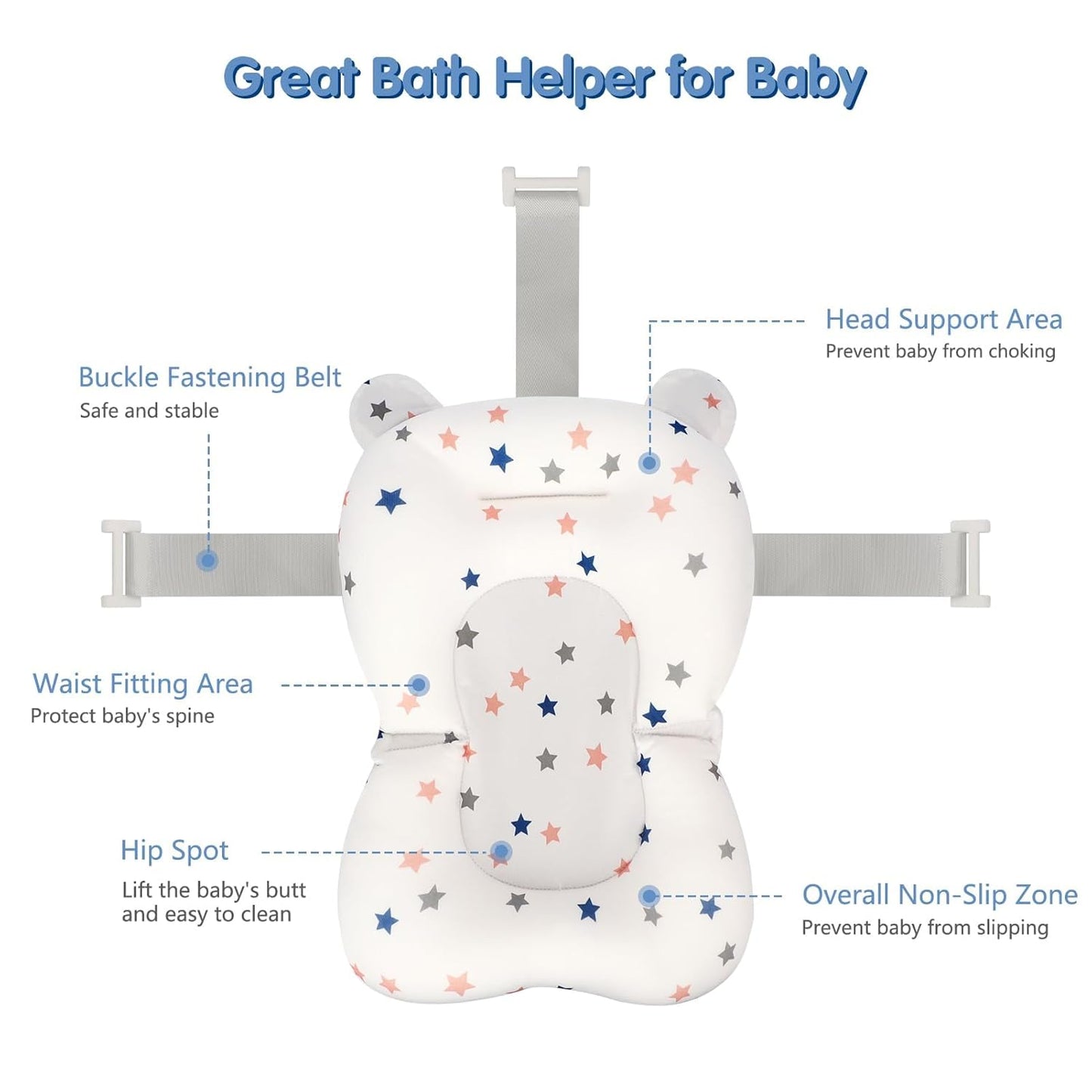Colorlife Baby Bath Seat Support Net Infant Bathing Seat Support Mat, Adjustable Comfortable Non-Slip Three-Pointed Baby Shower Net Bathtub Sit Up Mesh for Newborn 0-12 Months-Star(No Bathtub)