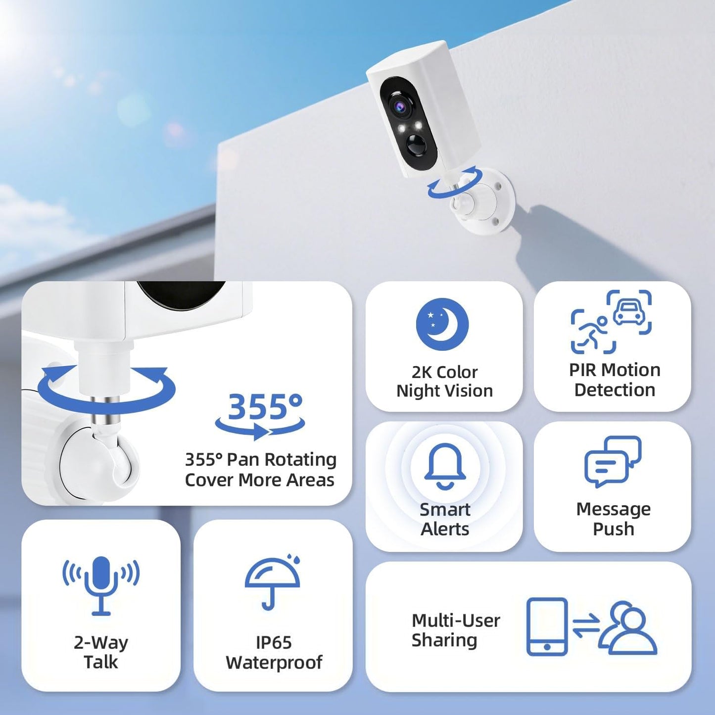 Security Cameras Wireless Outdoor 355° Pan Rotating 2K Color Night Vision Cameras for Home Security WiFi Battery Outdoor Camera Motion Detection 2-Way Talk IP65 Spotlight Siren SD/Cloud Storage 2 Pack