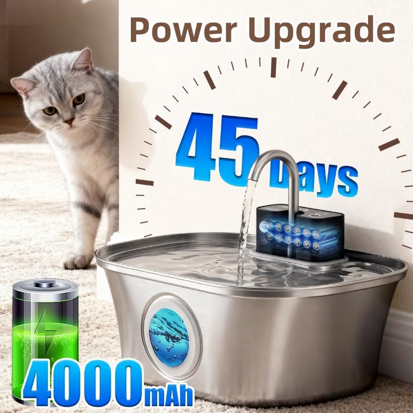 Casfuy PWL-300 Wireless Smart Quiet Stainless Steel Cat Water Fountain, 108-oz