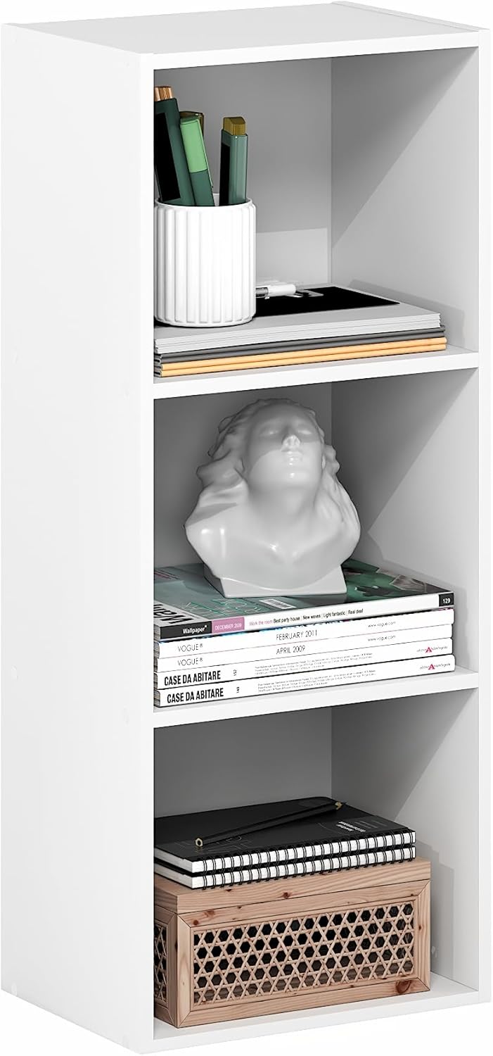 Furinno LUDER Book Shelf, 3-Cube Bookshelf, Bookcase with Open Shelves, 9.3 x 12 x 31.5, for Living Room, Bedroom, Home Office, White