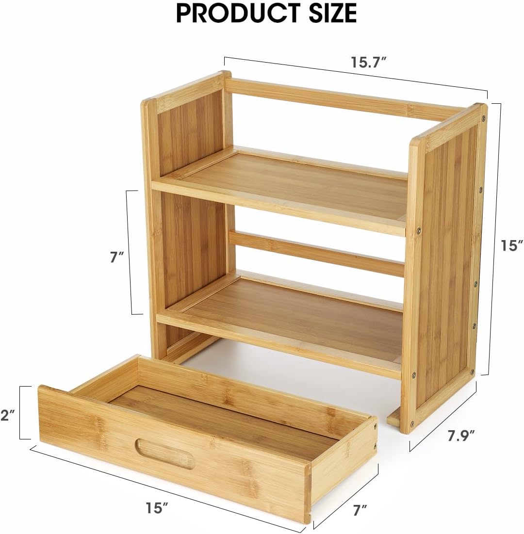 AIEVE Matcha Station Organizer, 2-Tier Bamboo Shelf with Hidden Drawer, Coffee Station Organizer Mug Holder Shelf for Matcha Whisk Set Bowl Cup Scoop Sifter