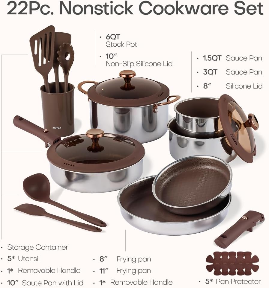 CAROTE 22PCS Stainless Steel Cookware Set with Detachable Handle, Ceramic Hybrid Nonstick Pots and Pans Set, Stackable Kitchen Cookware Set, Induction Safe, Oven Safe, Brown