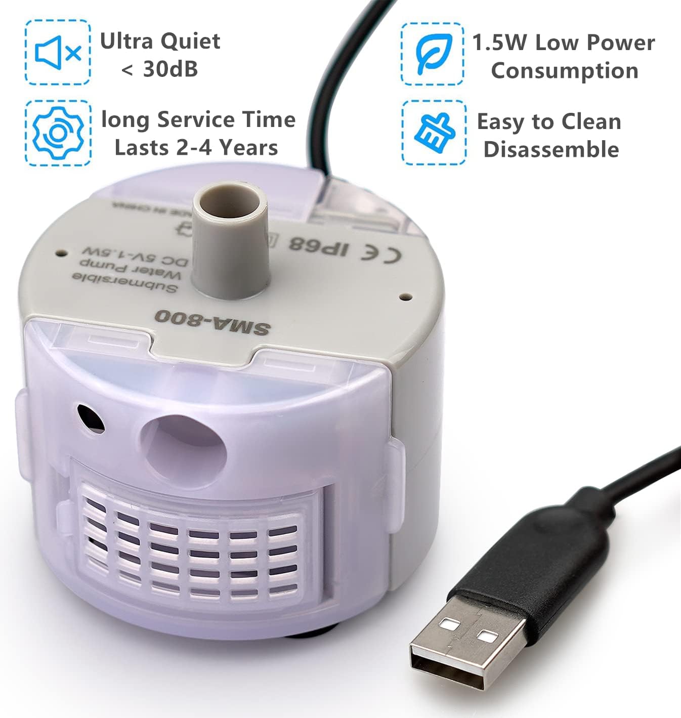 Replacement Pump for Cat Water Fountain Stainless Steel 108oz/3.2L Automatic Pet Fountain, Ultra Quiet Cat Fountain Pump with 5.9ft USB Cable+LED Light, SMA-800