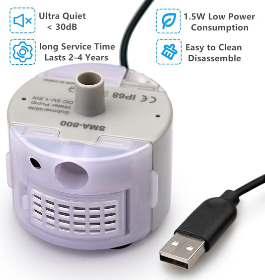 Cat Water Fountain Pump, SMA-800 Submersible Cat Fountain Pump Motor for Stainless Steel Pet Cat Water Dispenser, USB Cable+LED Light