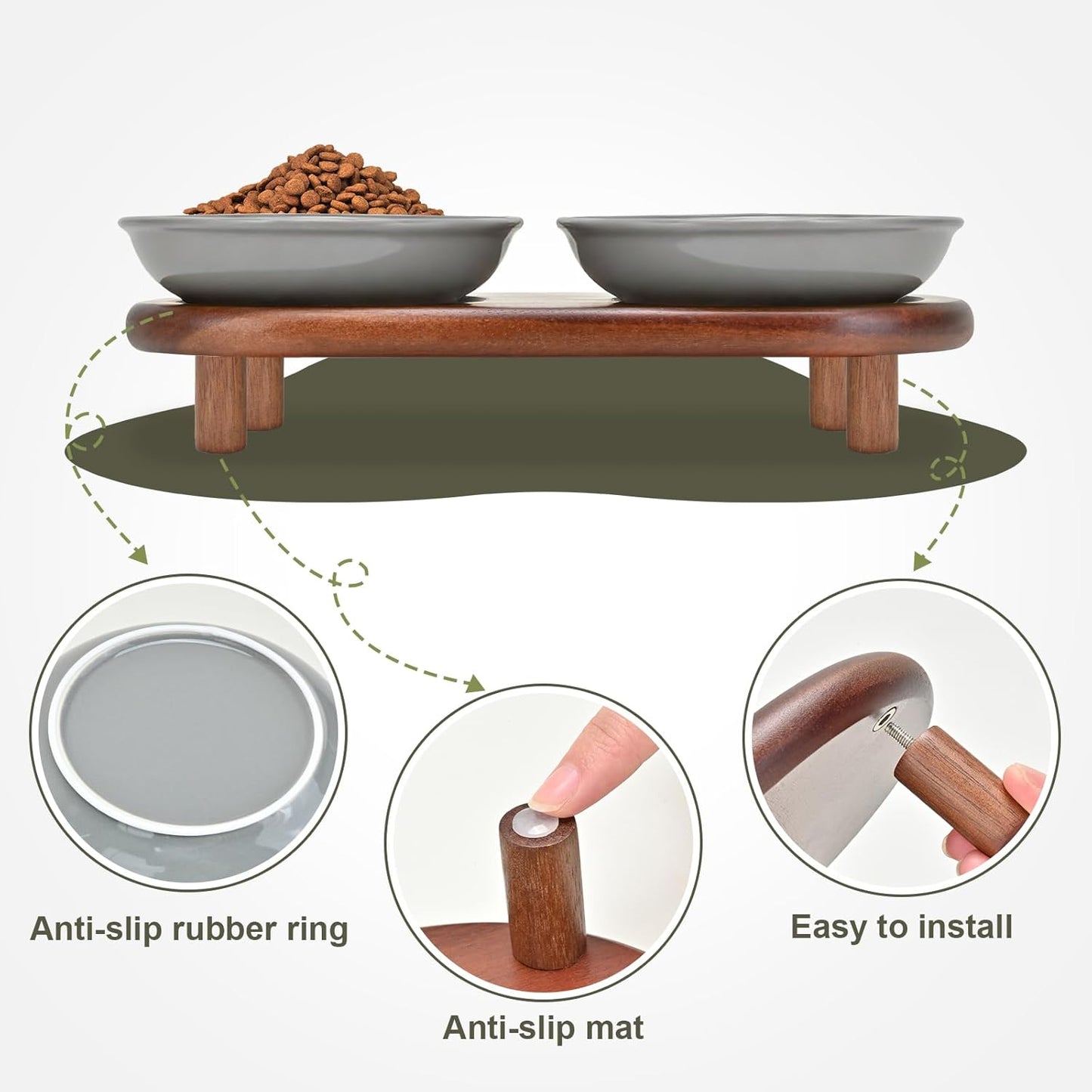 SPUNKYJUNKY Shallow Elevated Cat Bowl with Acacia Wood Stand Wide Raised Ceramic Cat Dishes Whisker Friendly Pet Food and Water Plates (Striped Pattern, Gray)