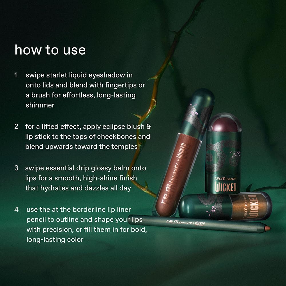 r.e.m. beauty Wicked: For Good | Makeup Set | Waterpoof Eye Shadow, All Over Glow Stick, Creamy Lip Liner, Glossy Lip Balm | 4 Full Size Products
