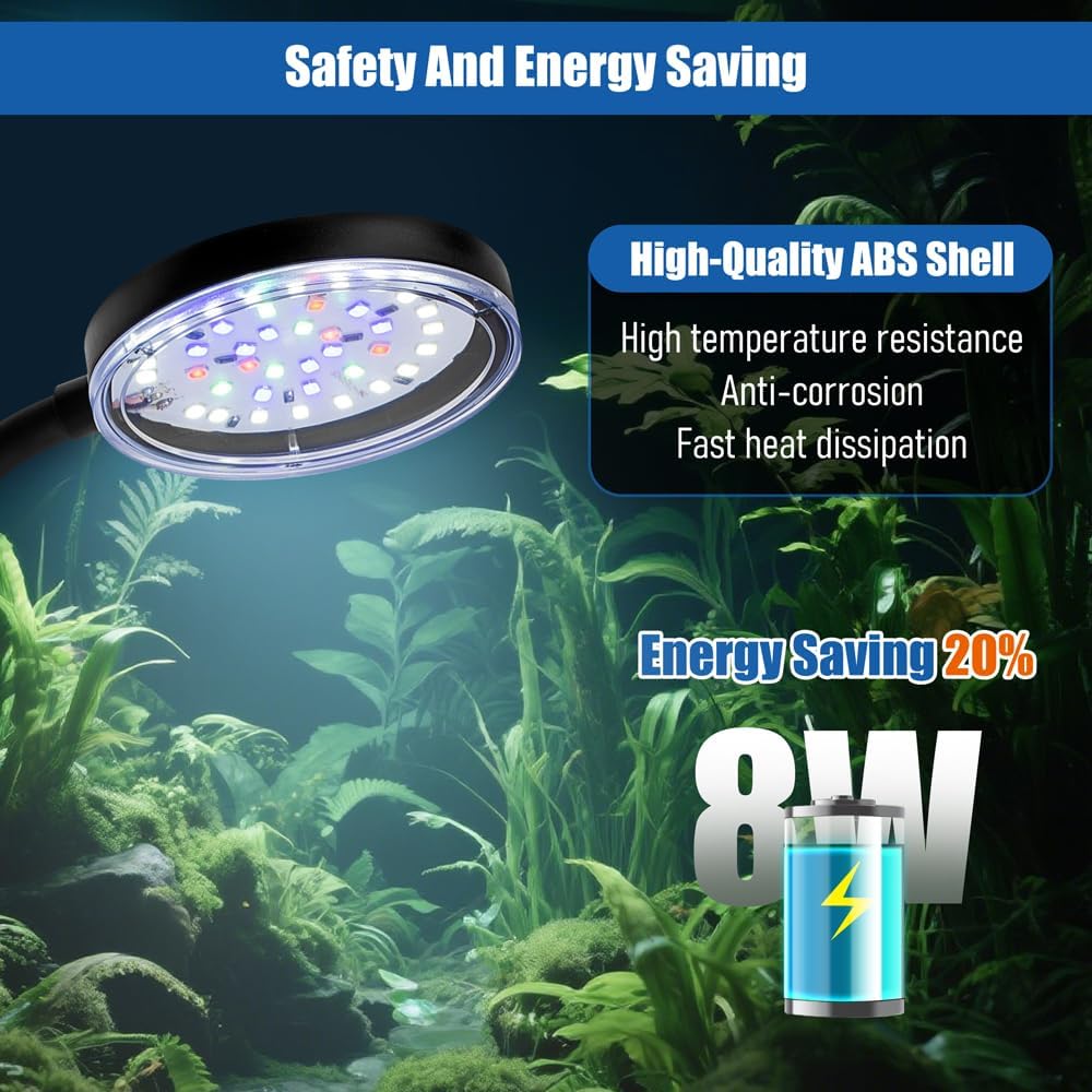 Clip On Aquarium Light 8W LED Fish Tank Light with Full Spectrum & Dimmable Brightness USB Moving Aquarium Lamp for 1-5 Gallon Betta Fish Tanks