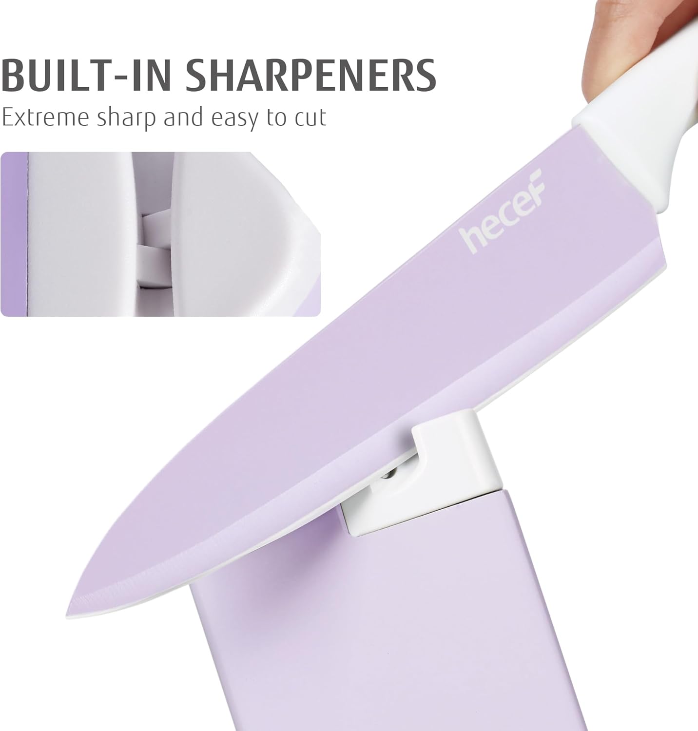 hecef 15 Pieces Kitchen Knife Set with Built-in Sharpening Wooden Block, Dishwasher Safe, High Carbon Stainless Steel Knife Block Set with Steak Knives, Kitchen Scissors, Purple