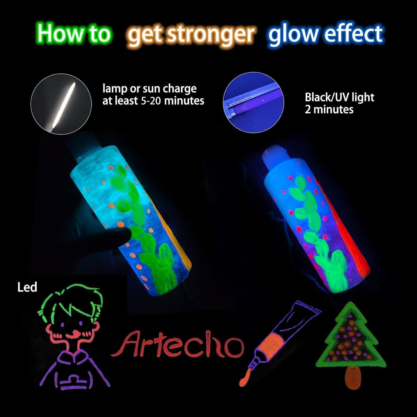 Artecho Glow in the Dark Paint 8 Colors, 20 ml / 0.7 oz Acrylic Paint for Decoration, Supplies for Canvas, Rock, Wood