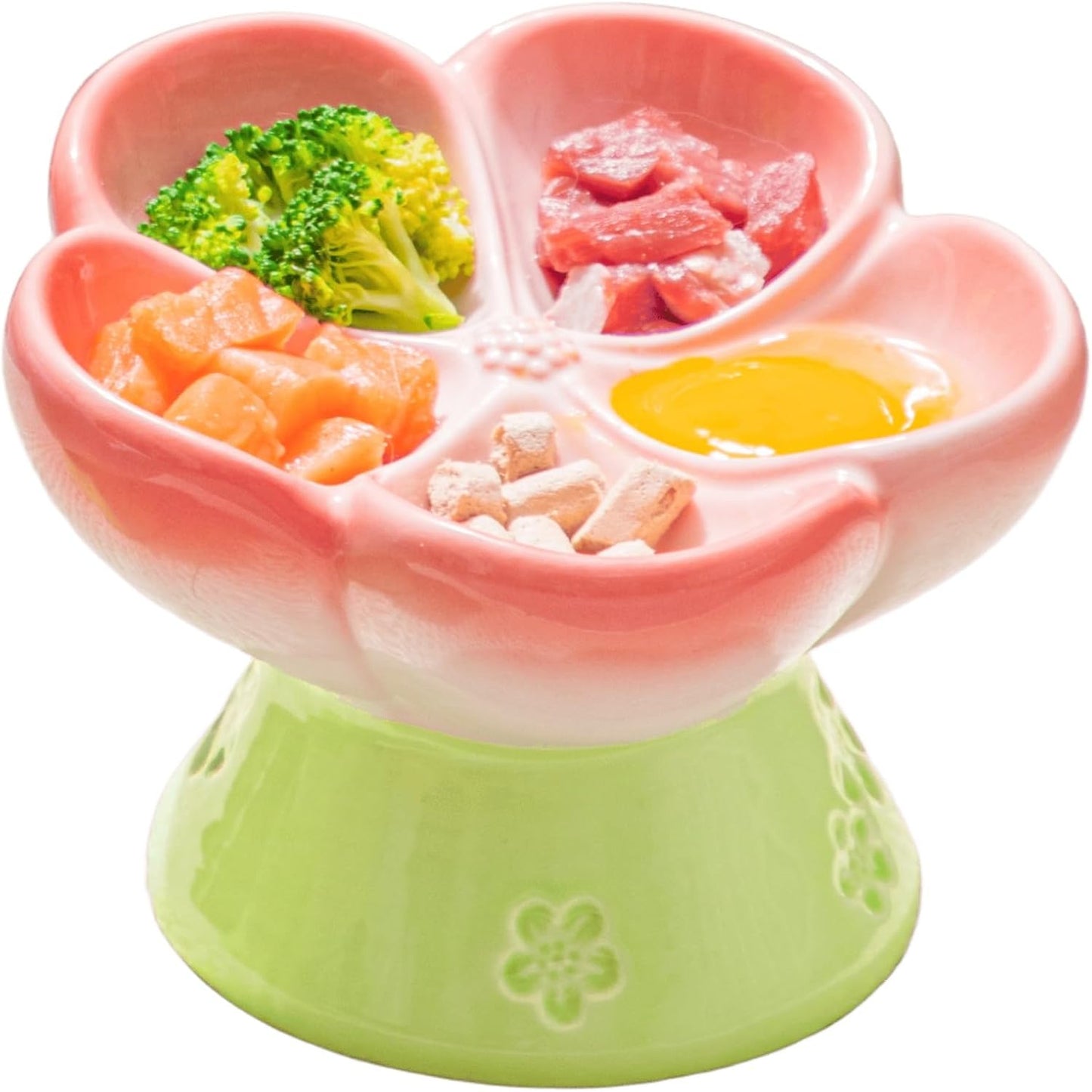 Ceramic Cat Divided Bowl Flower Shaped (5 Sections) - 4 Inch Elevated Design Cute Slow Feeder Bowl, Heavy Base, Under-Glazed Gradient Color - Separates Dry/Wet Food, Veggies, Fruits & Treats