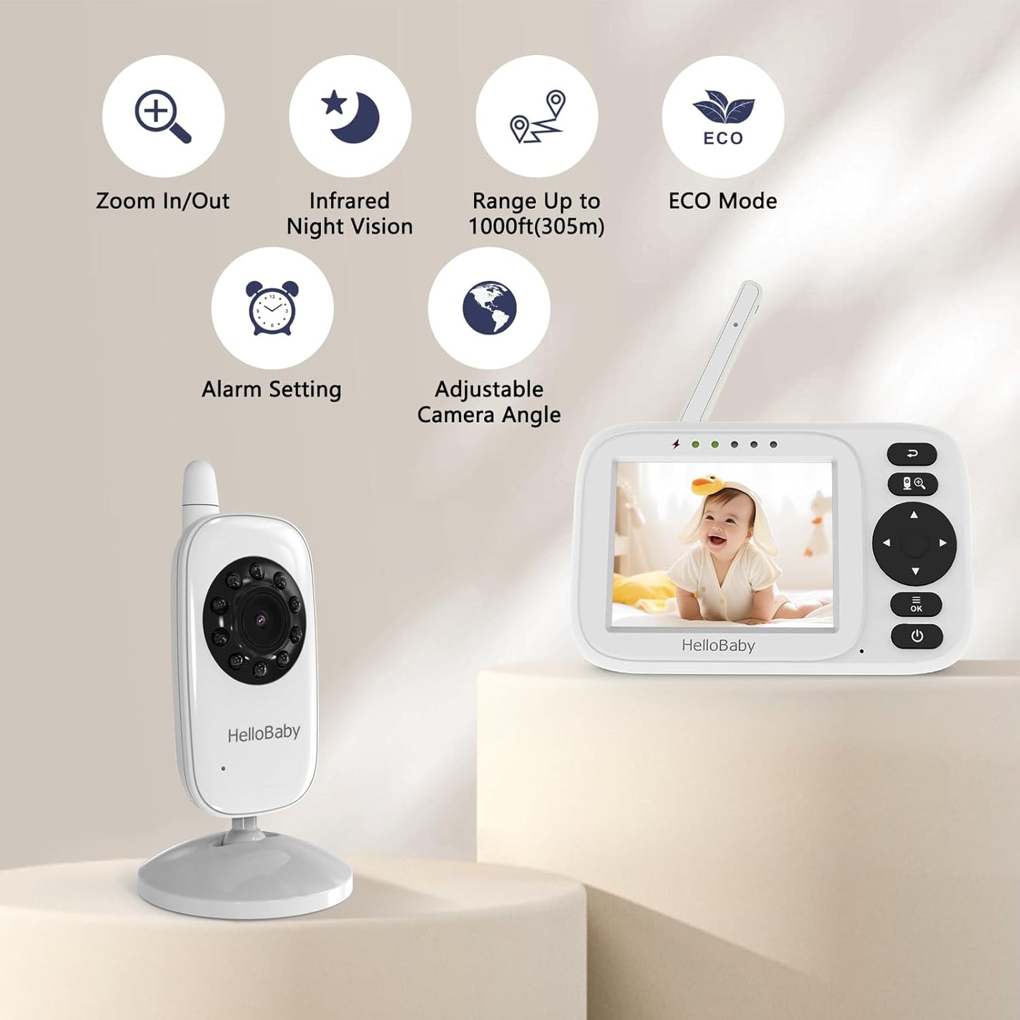 HelloBaby Baby Monitor with Camera and Audio - 3.2” IPS Screen,USB Cable,No WiFi,Manual Baby Camera Adjustment,Night Vision,ECO Mode, 1000ft Range | Portable for Travel,Mom,Pet, Elderly | Model HB2438