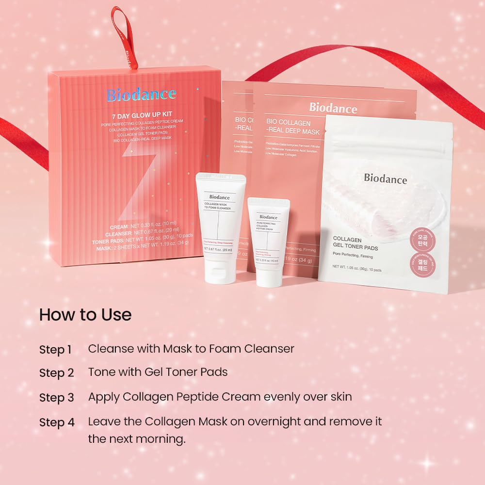 BIODANCE 7 Day Glow Up Kit: Collagen Gift Set for Glass-Skin, Korean Skin Care with Mask to Foam Cleanser, Toner Pads, Moisturizer, Gel Masks, All-in-One Skin Care Set