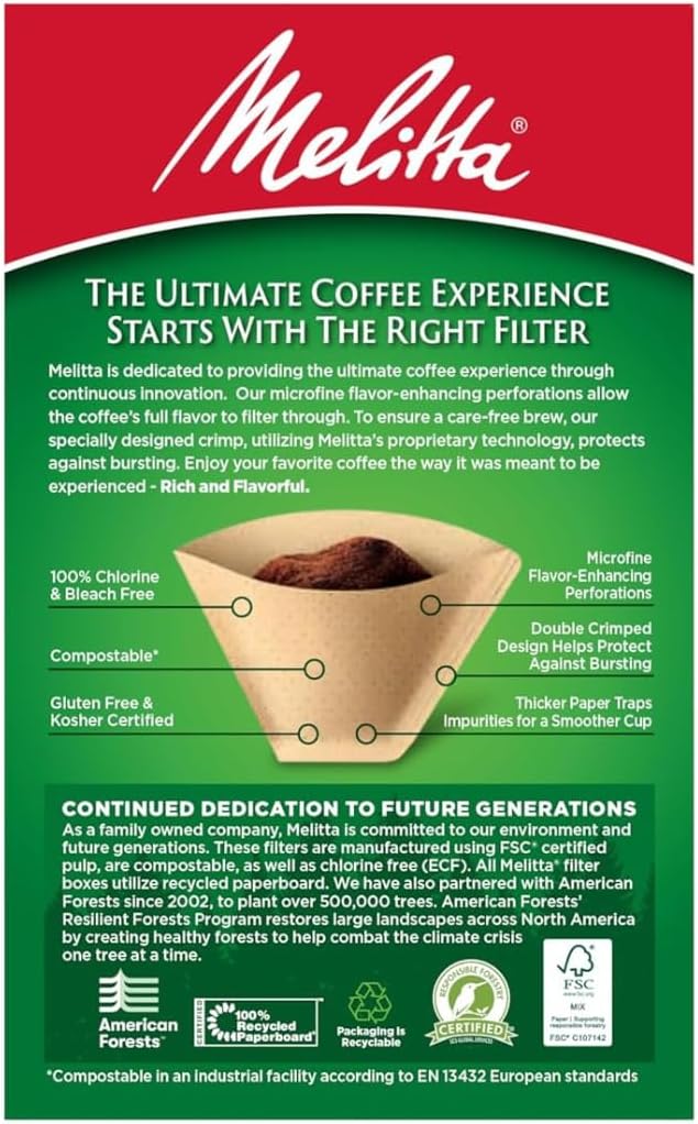 Melitta #2 Cone Coffee Filters, Natural Brown, 100 Count - Fits all 2-6 Cup Cone Coffee Makers and 1-cup Pour-Over Brewers, Compostable, Tear-Resistant, Made in USA
