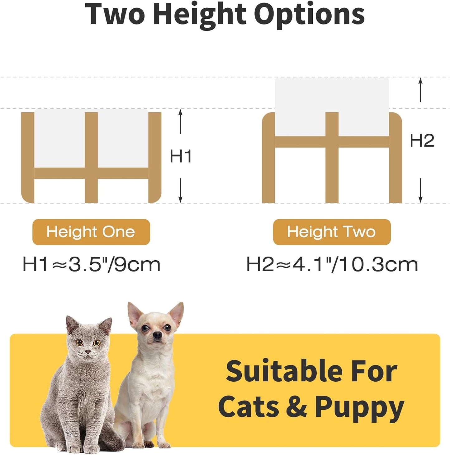 Elevated Ceramic Dog Bowl Set, 5.1" Dog Bowls with Dual Fixed Heights Stand, Elevated Food & Water Bowls for Adult Cats, Small-Breed Puppies, Non-Slip (Double Bowls + Stand - White, 5.1 inch)