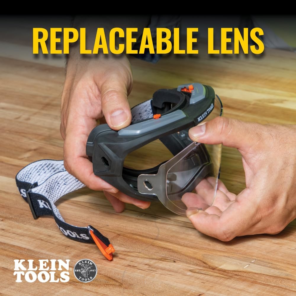 Klein Tools 60479 Safety Goggles, Clear Lens PPE Eye Protection, Anti-Fog, Scratch-Resistant, UV Protection, Adjustable Vents