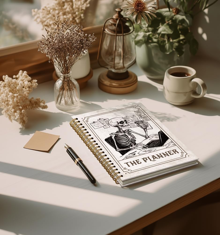 Planner Notebook for Men-CuteTarot Card Notebook Depression Quotes For Women Friends Gifts On Birthday Christmas Mother's Day,Gothic Goth Skull Gold Spiral Bound Hardcover,5.8"x8.3"