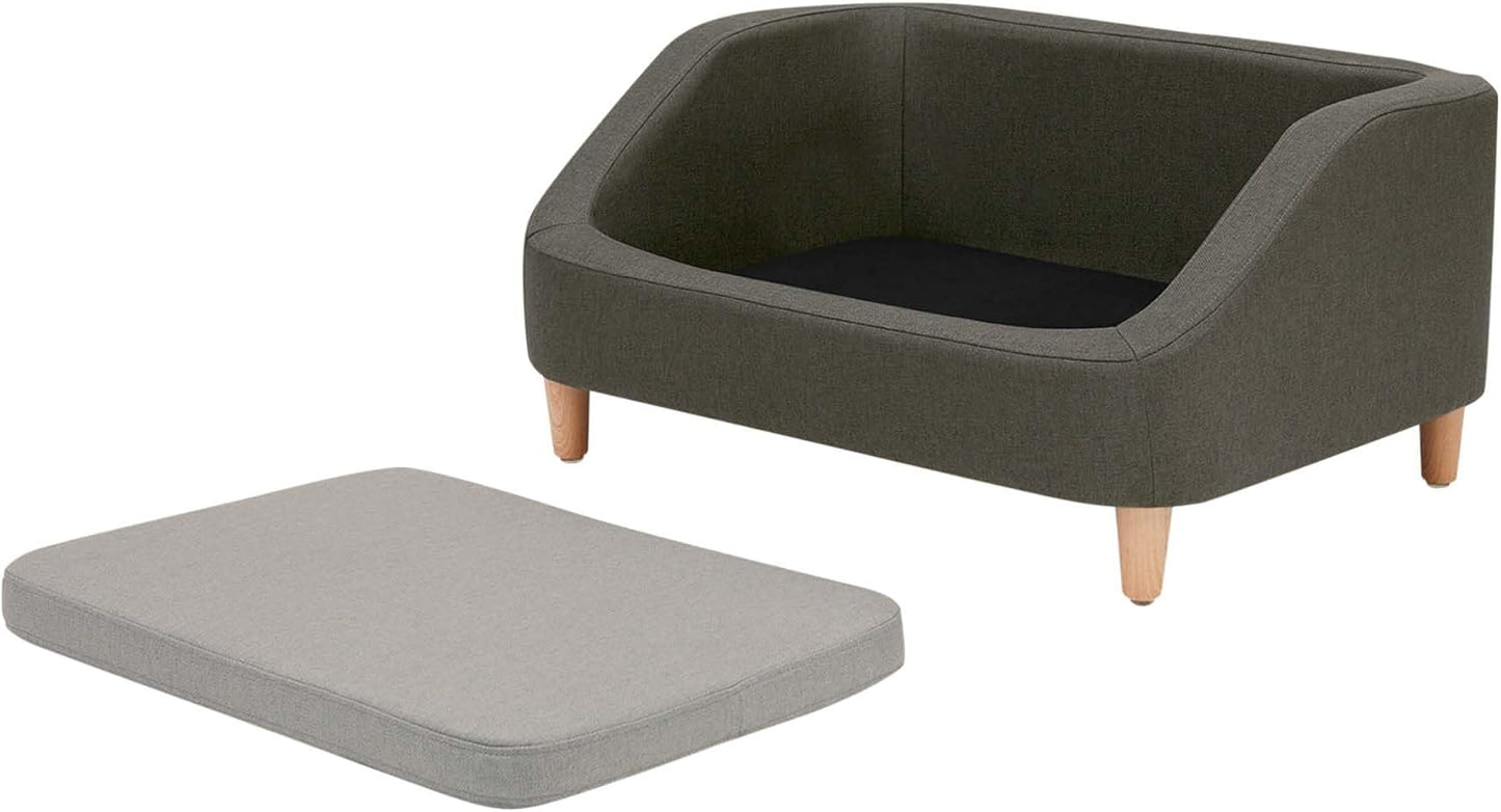 Teamson Pets Bennett 32 Inch Raised Heathered Linen Sofa Dog Daybed with Removable Cushion and Washable Cover for Cats & Small or Medium Dogs, Gray