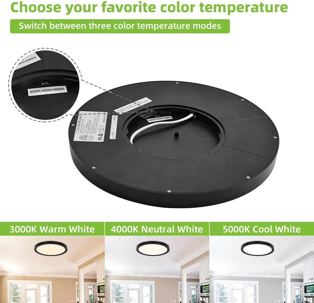 hykolity 2 Pack 12 Inch Selectable CCT LED Round Flat Panel Light, 24W, 3000K/4000K/5000K, Edge-Lit Flush Mount Ceiling Light Fixture for Kitchen, Bedroom and Closet Room, Black