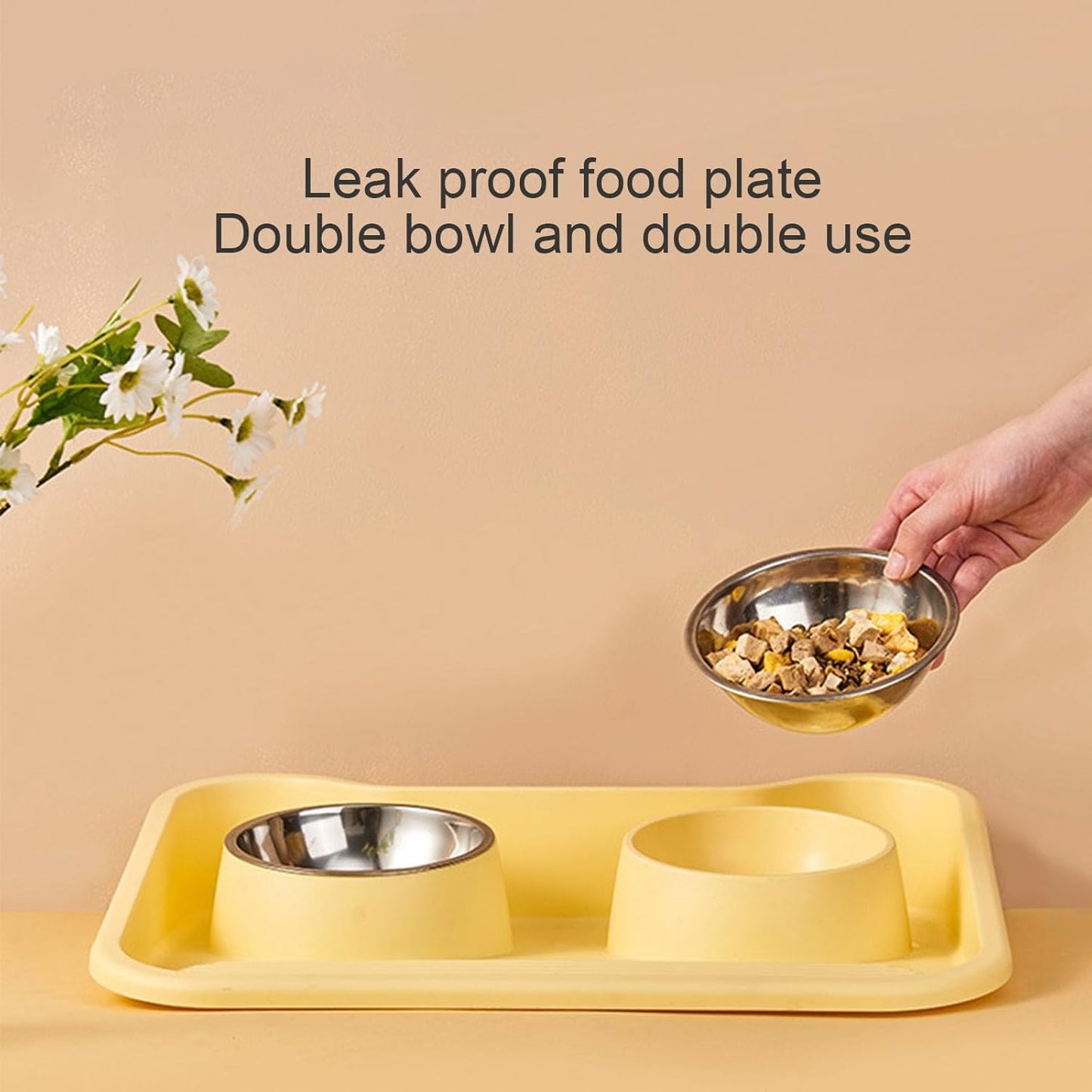 Double Cat Bowls, Raised Food Feeder for Cats and Dogs, Pet Food Container for Small Puppy, Flat Basic Spill Proof Cat Water Bowls (Grey)