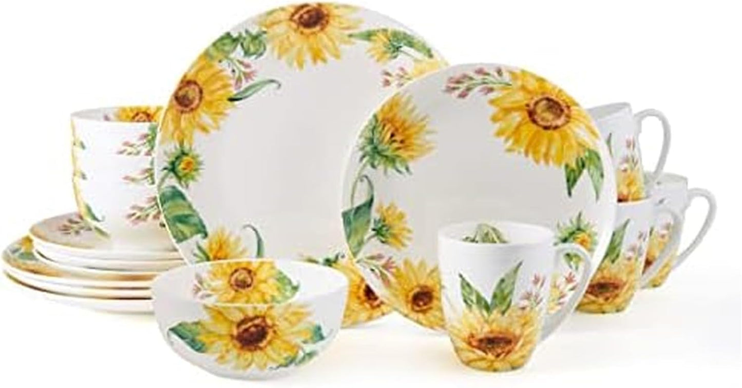 Mikasa Sunflower Bone China Lightweight Chip Resistant 16 Piece Dinnerware Set, Service for 4, Multicolor